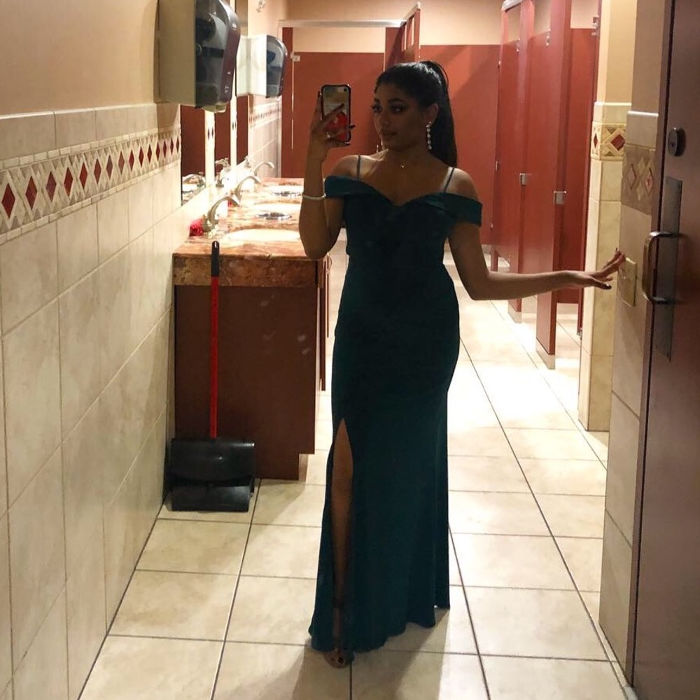 Emerald open slit long prom dress